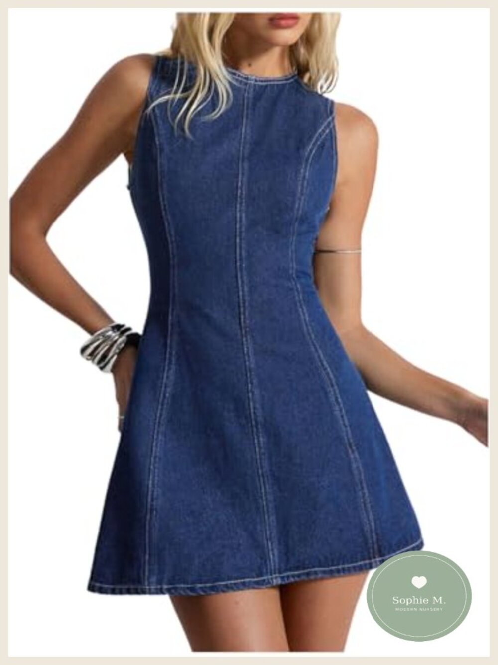 Women's A-Line Mini Denim Dress Sleeveless Backless Tie Back Flared Jean Dress
